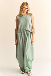 Davi & Dani Drawstring Hem Round Neck Tank and Pants Set Light Green OutfitFlow
